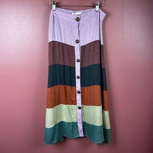 Indah linen and silk blend midi skirt buttons down the front striped